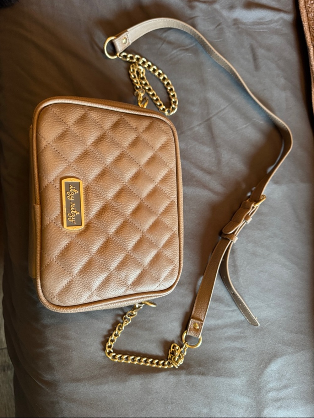 Itzy Ritzy Quilted Brown  diaper Crossbody purse with adjustable Gold Chain